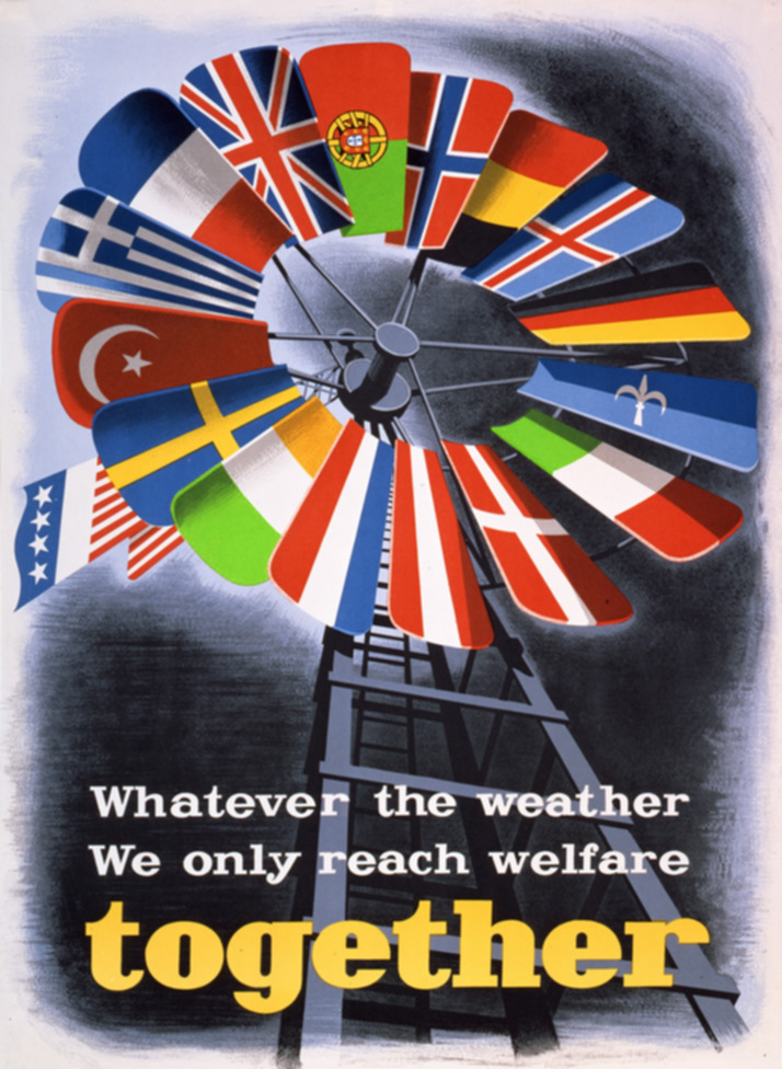 A poster created by the US government to promote the Marshall Plan in Europe. The poster shows the flags of Western European countries receiving aid through the Marshall Plan, arranged in the shape of a windmill, and includes the text: "Whatever the weather we only reach welfare together."